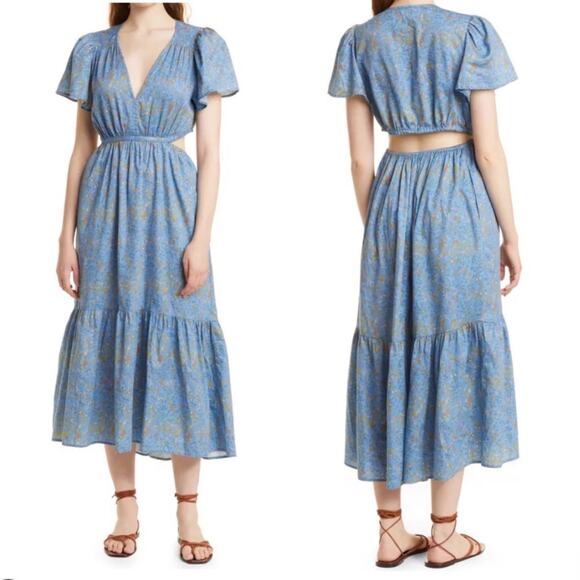 Xirena Gabrielle Dress Blue Floral Midi Tiered Back Cutout V-Neck Sz L - Picture 3 of 10